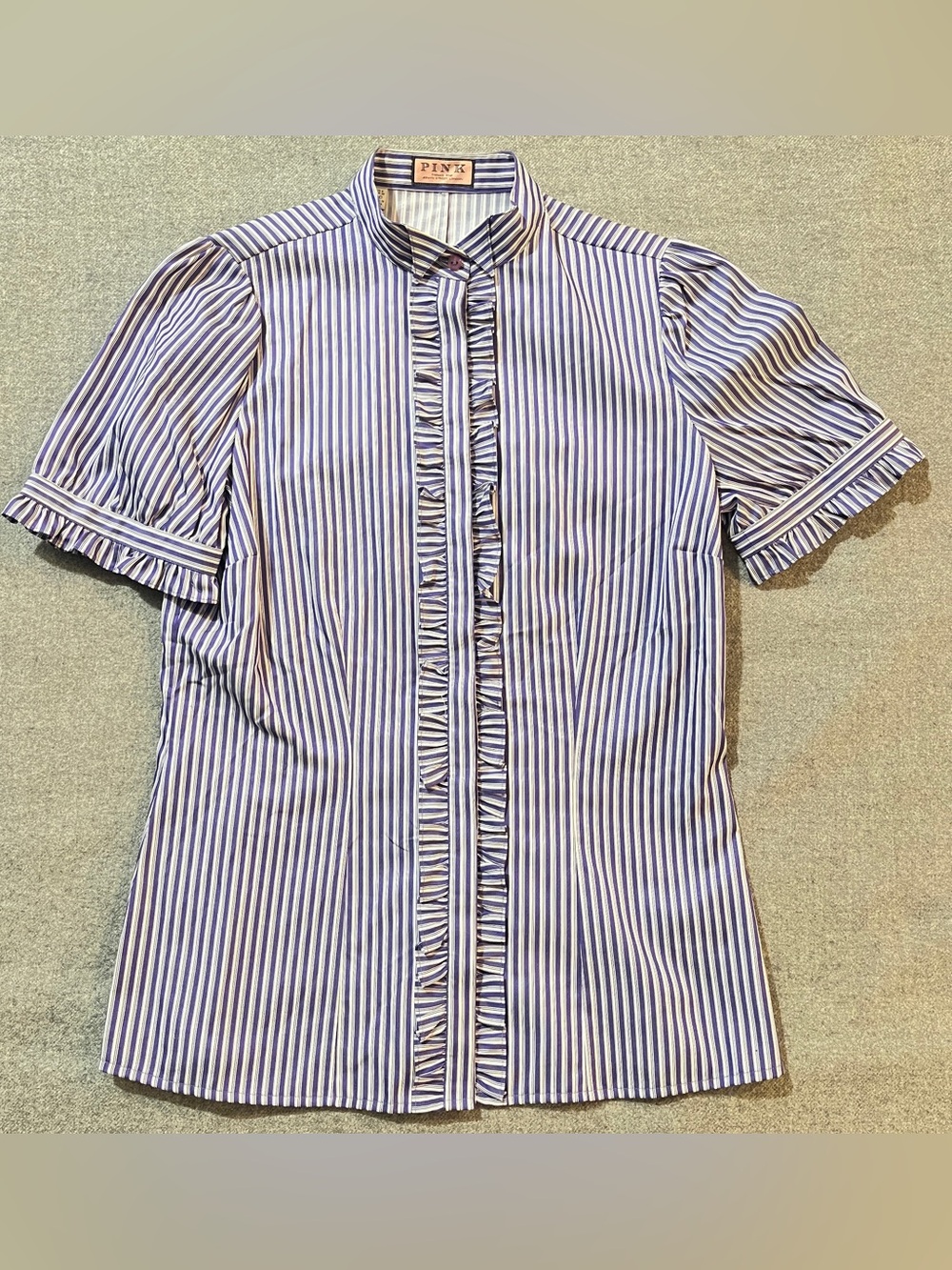 THOMAS PINK White & Purple Striped Ruffle-Front Cotton Button Down